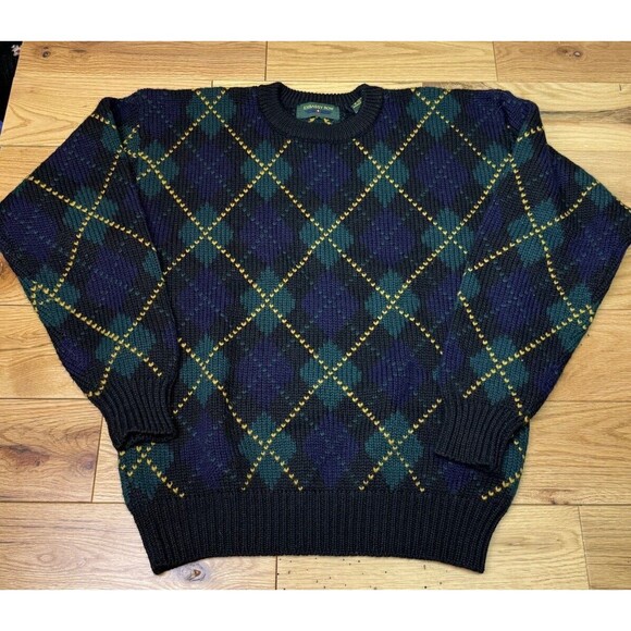 Embassy Row Sweater Men Large Pullover‎ Wool Knit Argyle Vintage Blue Green - Picture 1 of 10